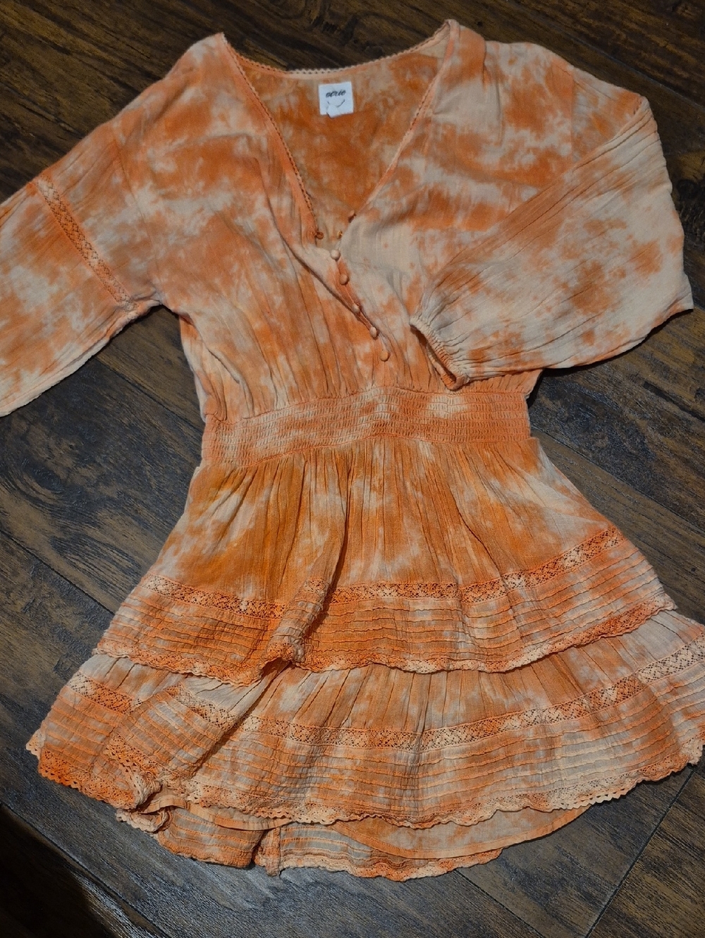 aerie Orange Tie-Dye Smocked Detail Dress